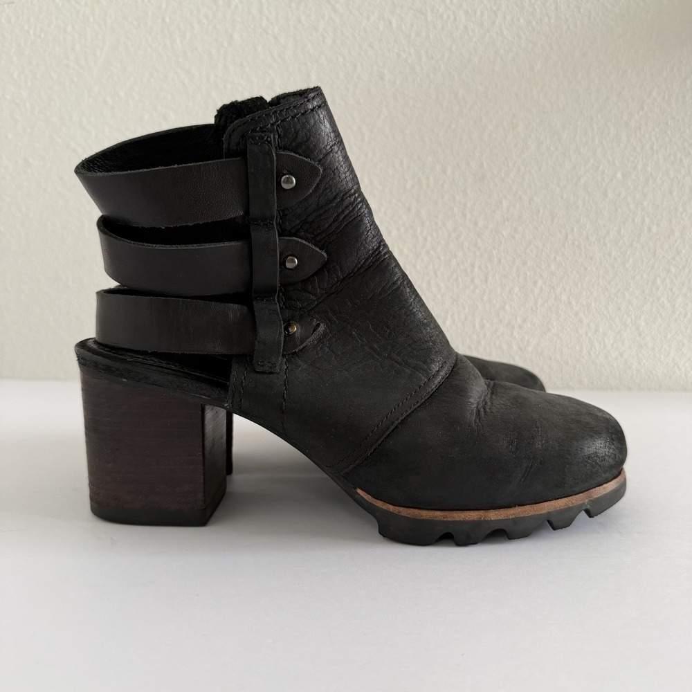 Sorel Addington Leather Strappy Back Block Heel Booties Women's Size 8 Black